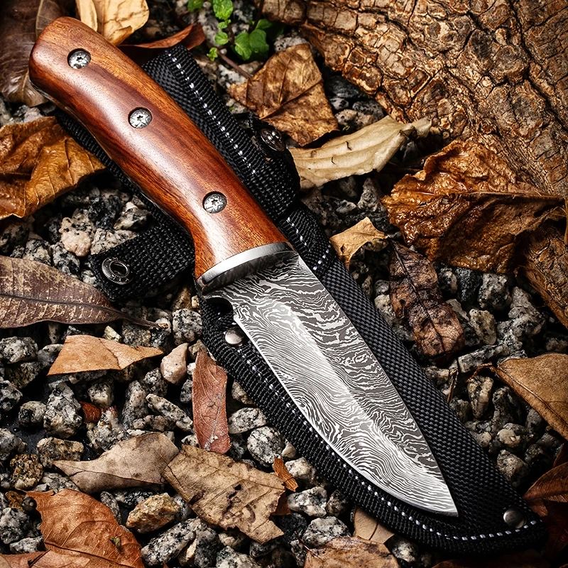 1 pc 9.3 inch, imitation Damascus grain knife, high carbon stainless steel, solid wood handle, for outdoor camping hunting barbe