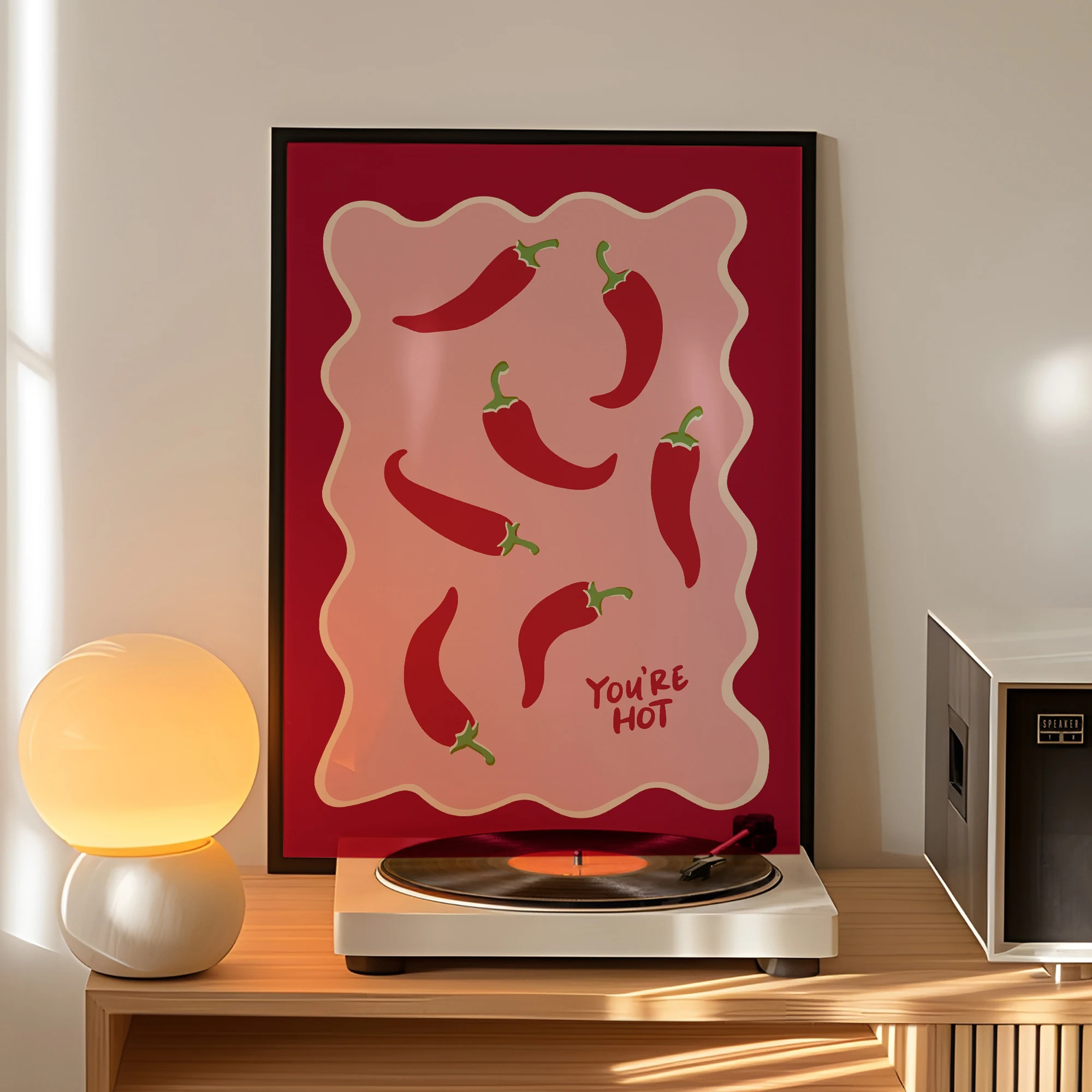 Impresión de chili, arte de pared You're Hot, cartel retro de chile pimienta, bonita decoración de cocina, impresión rosa y roja de moda, impresión de pimiento dibujada a mano