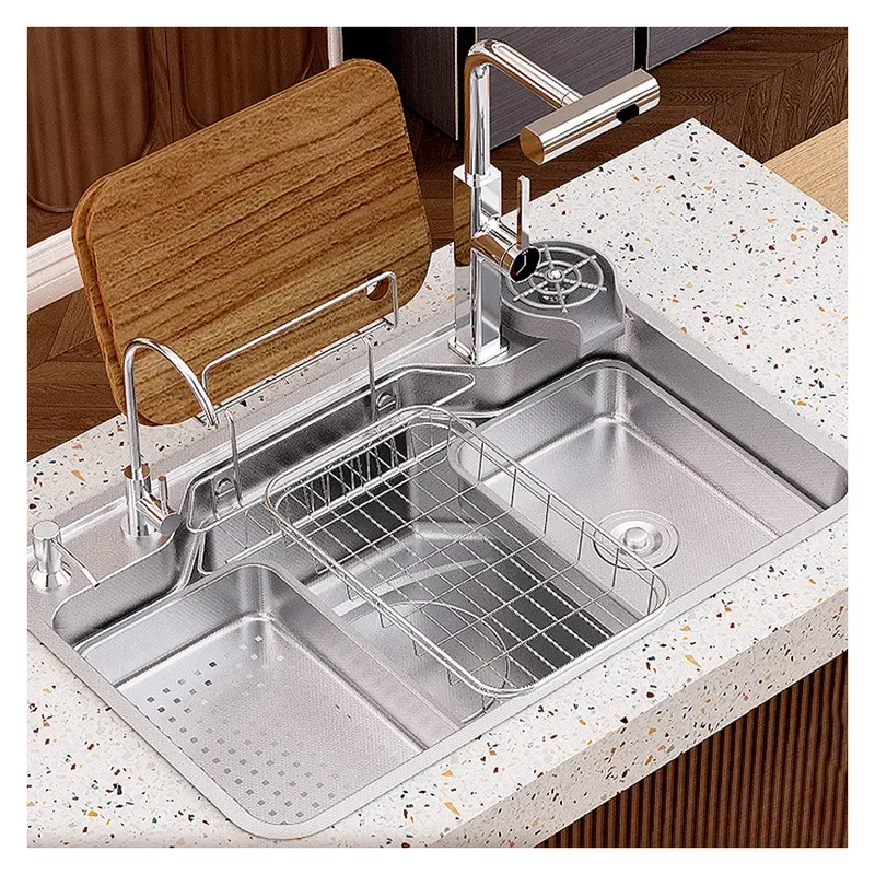 Handmade 201 Stainless Steel Kitchen Sink Counter Mounted Single Bowl Square Polished Wash Basin with Four Hole Faucet Forest