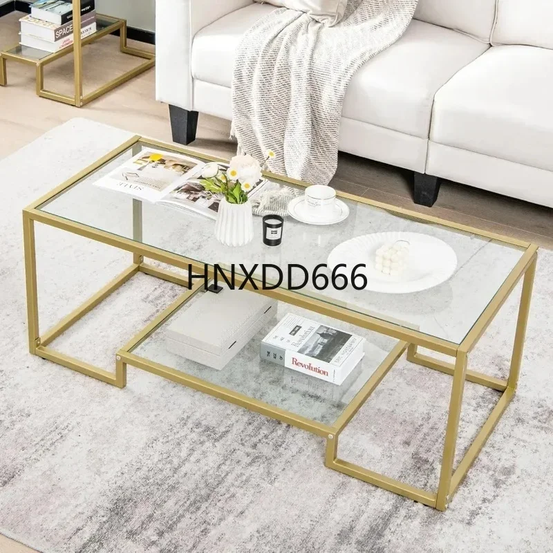 Modern Tempered Glass Coffee Table with Two-Tier Storage Shelf, Metal Frame and Adjustable Foot Pads, Small Rectangular Design