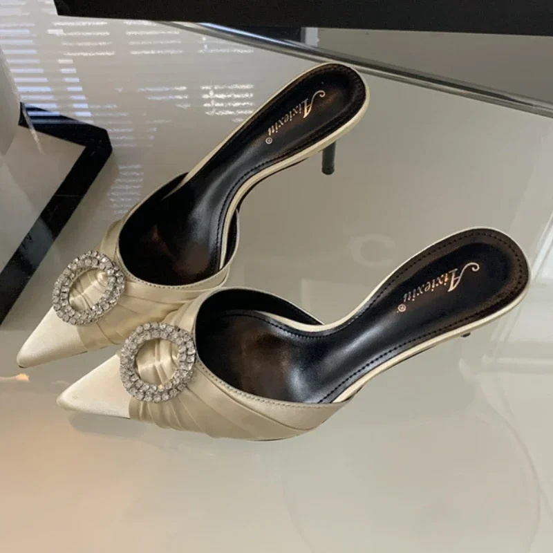 

Luxury Rhinestone Buckle Satin High Heeled Slippers Women Sexy Pointed Toe Party Dress Shoes Fashion Slingback Sandals Female