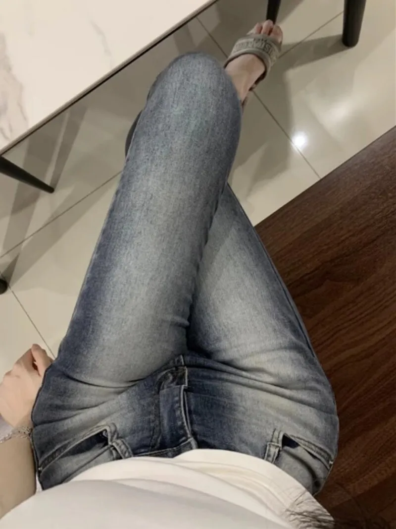 

Винтажные корейские женские джинсы-карандаш скинни, укороченные, износостойкие, хлопковые, эластичные, синие, с высокой талией, на молнии, летние, длинные брюки