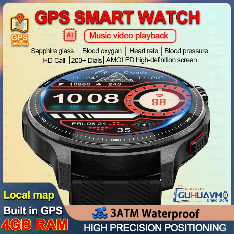 

НОВЫЕ Смарт-часы для мужчин с GPS и офлайн-картами, 4 ГБ памяти, музыкальный и видеоплеер, для бизнеса, тренировок и фитнеса, водонепроницаемые.