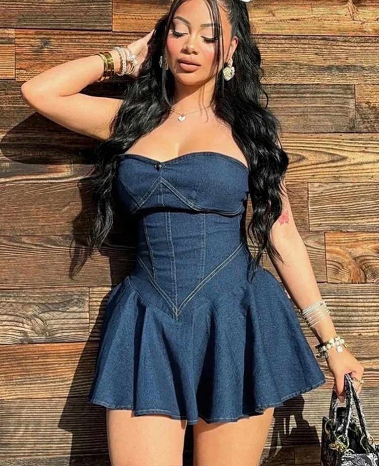 Denim Pleated Mini Dress Women Solid Wrapped Chest Sleeveless Classic Summer Trend Vestidos Female Concise Street Robe