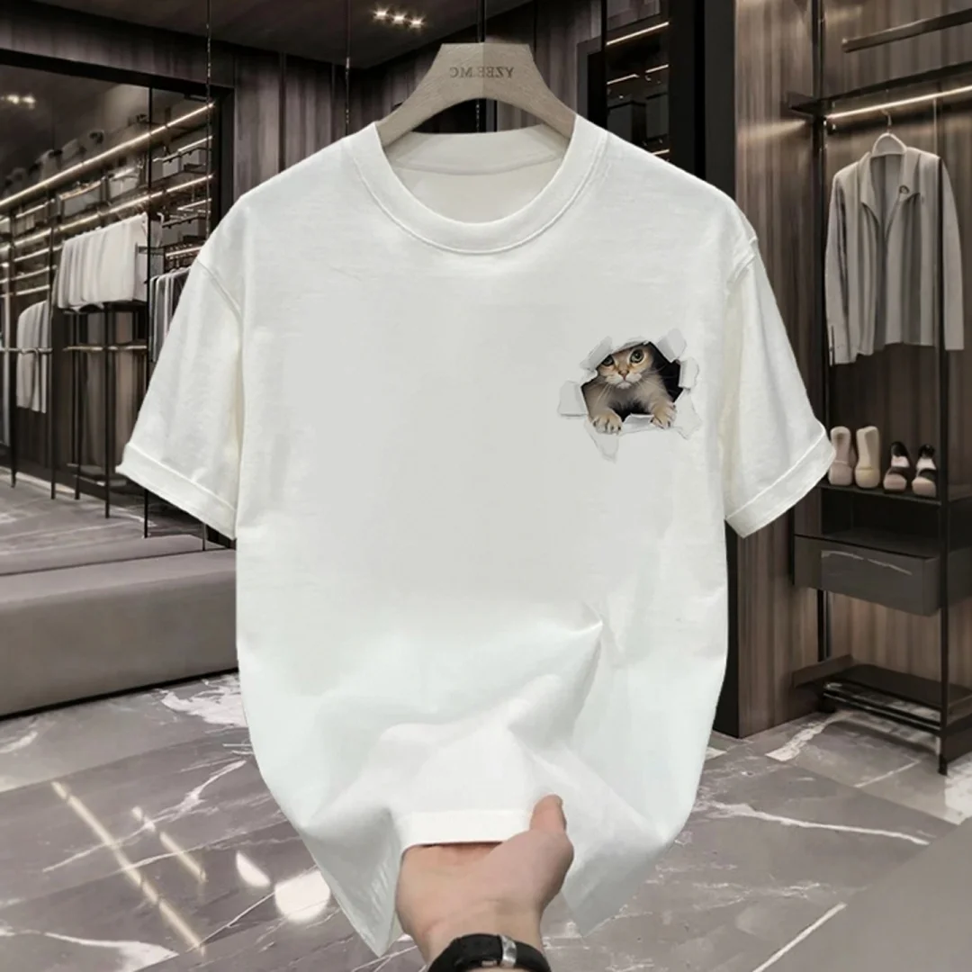 Kaus Grafis Gambar Kucing Kaus Pria dan Wanita Katun Murni Nyaman Sejuk Serbaguna Kelas Atas Santai Fashion Musim Panas