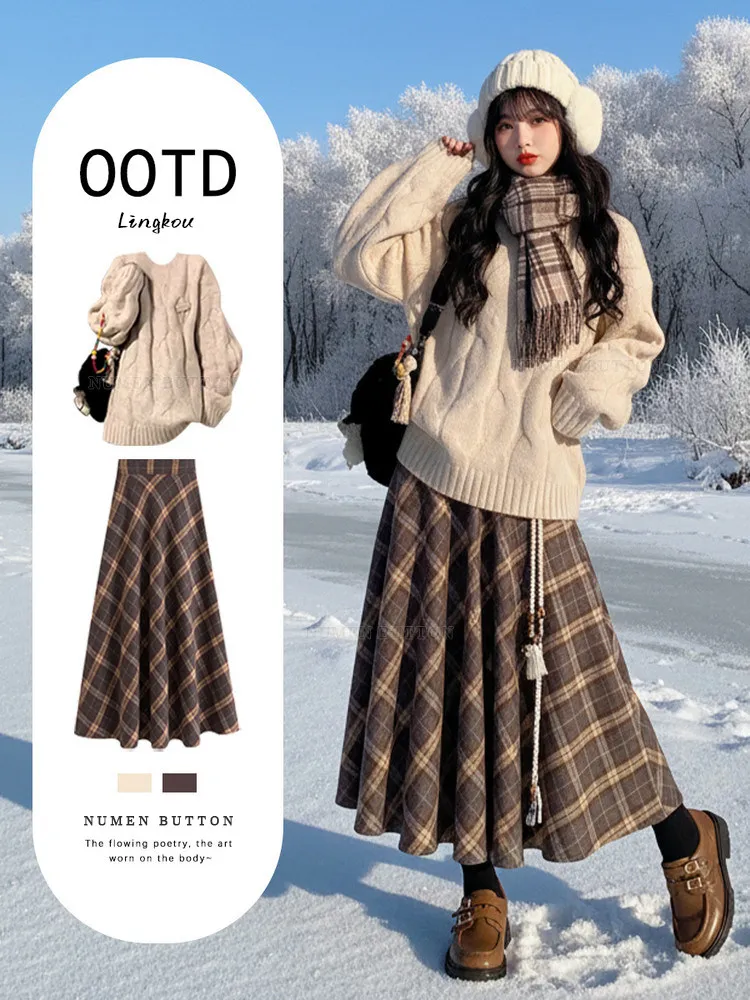 

Осенне-зимний вязаный свитер и юбка в клетку: женский антивозрастной комплект из двух предметов с круглым вырезом, модный повседневный наряд