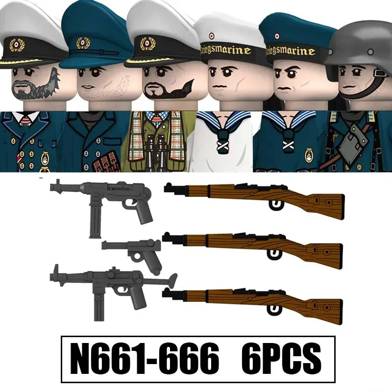 MOC 군사 병사들 제2차 세계대전 독일 해군 피규어 블록 조립 파일럿 U보트 지휘관 전사 무기 부품 브릭 장난감 어린이용
