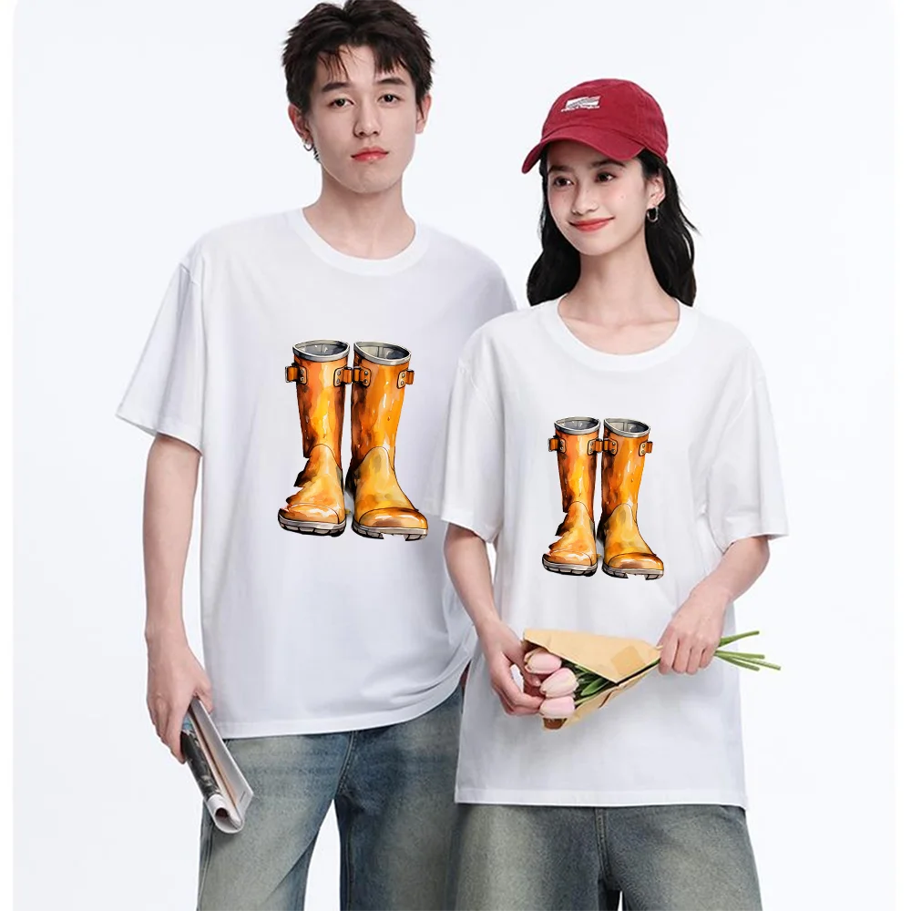 Autumn Rain Boots With Maple Leaves Printed T Shirt Breathable Fabric S-XXL Personalized Custom Casual Short Sleeve Tee Aestheti