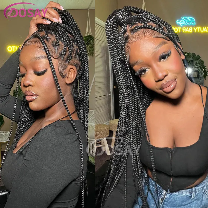 

360 Knotless Braids Full Lace Wig 36'' Long Box Braided Lace Front Wigs with Baby Hair Ombre Synthetic Lace Frontal Women's Wig