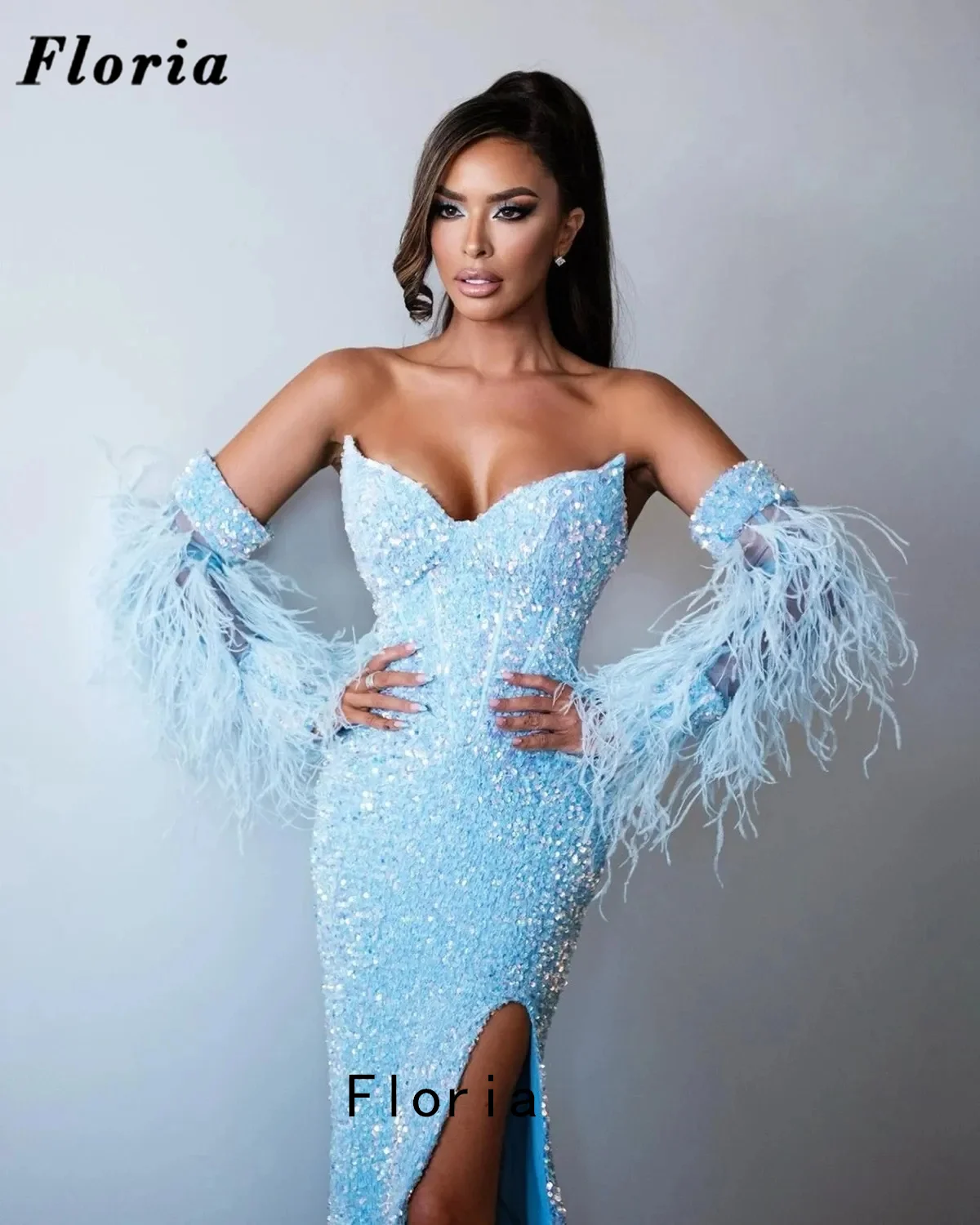 Sky Blue Sequins Cocktail Evening Dresses with Detachable Sleeve Feathers Robes Long 2023 Arabic Strapless Prom Dress Party Gown