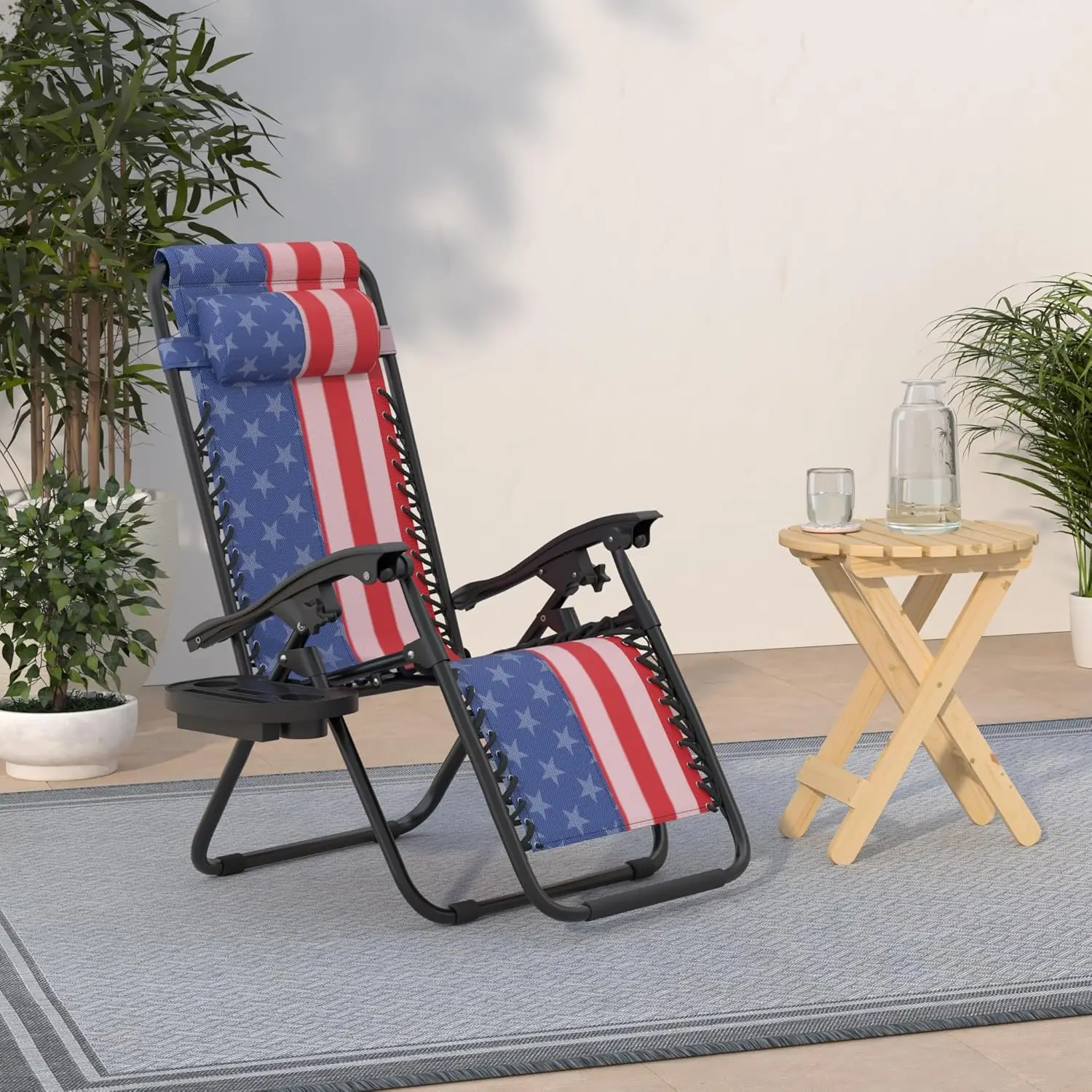 

Set of 2 Adjustable Steel Mesh Zero Gravity Lounge Chair Recliners w/Pillows and Cup Holder Trays - American Flag