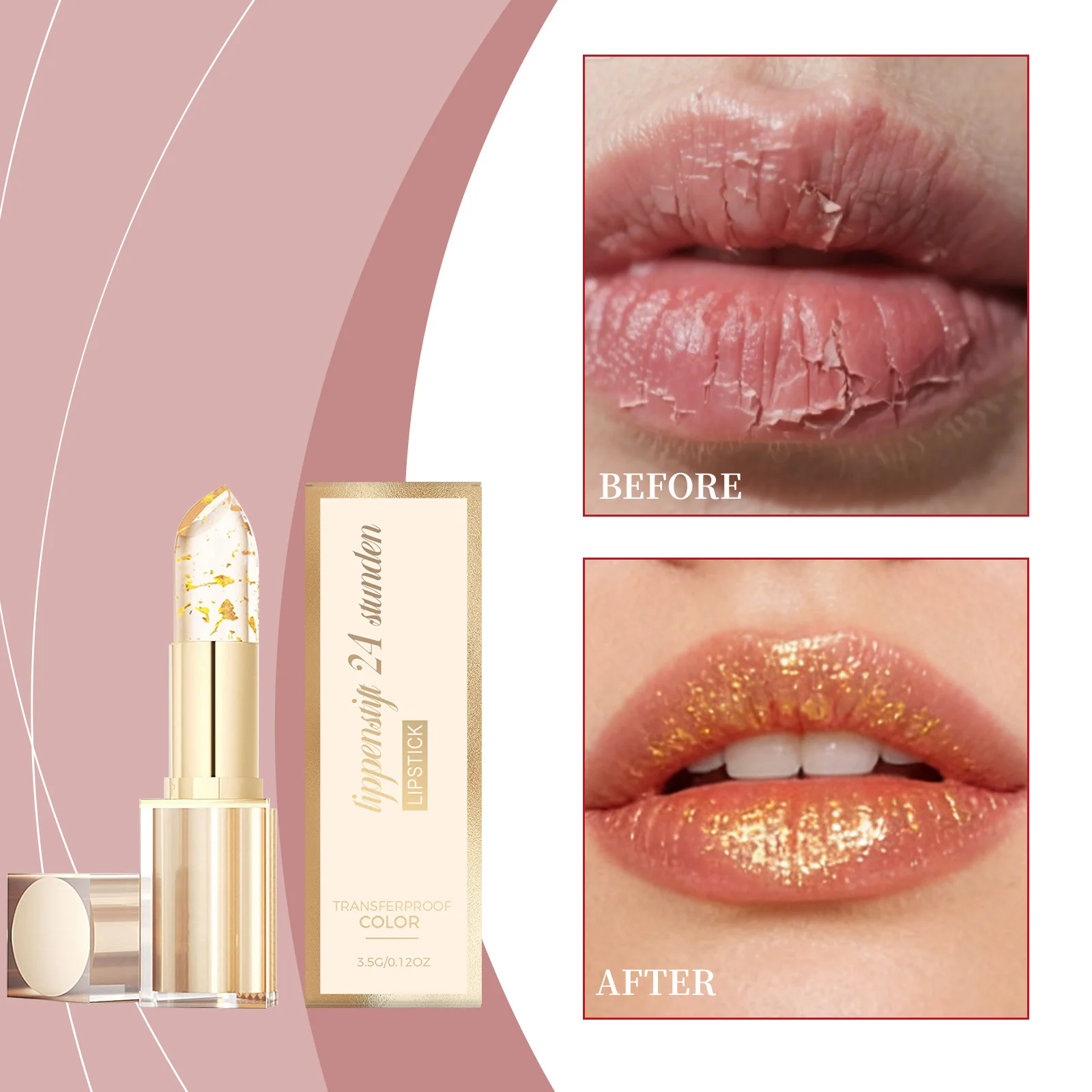 Color Changing Gold Foil PH Lip Balm Transferproof Long Lasting Moisturizing Jelly Lip Balm Deep Nourishing Plumping Vitamin E