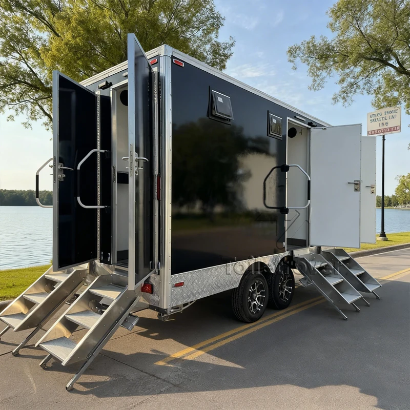 Customizable 4 Stall Restroom Trailer Cheap Travel Trailer Bathroom Luxury Portable Toilet Trailer with Hand Washing Sink