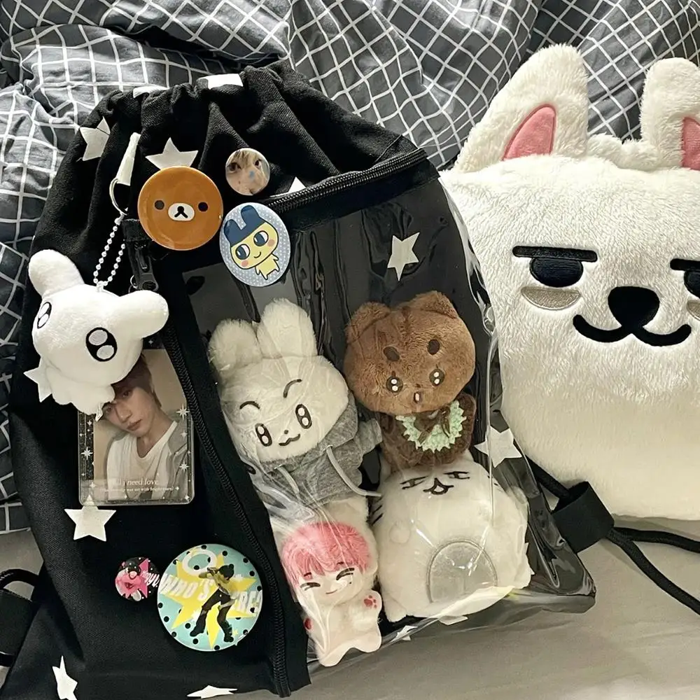 

Y2K Star Print Large Capacity Drawstring Backpack Casual Travel Bag For Students Lightweight Shoulder Bag Transparent Doll Bag