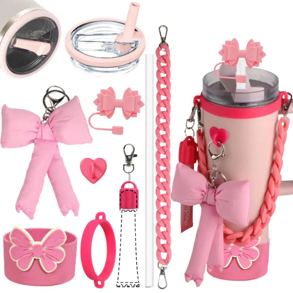 Multicolor Cute Bow Charms Silicone Straw Toppers Cup Sleeves And 40oz Cup Lids Kit for Stanley Tumblers