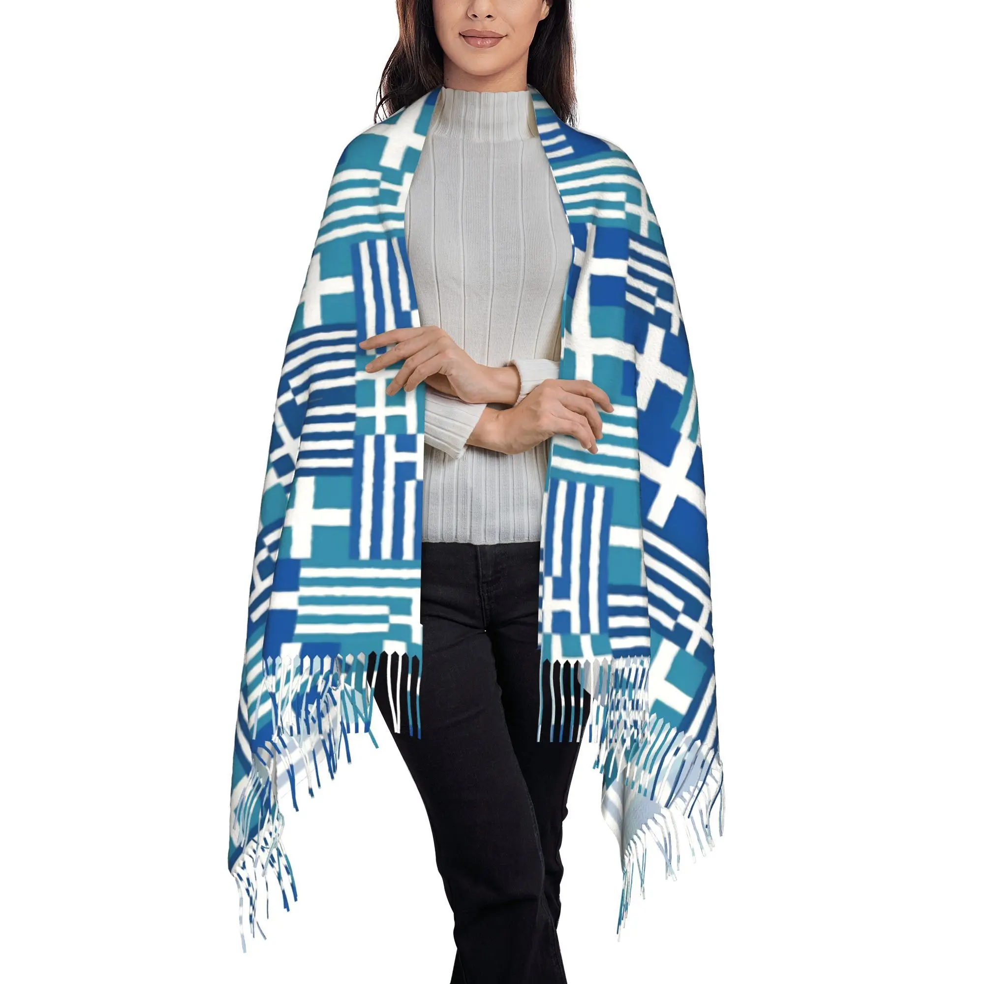 

Greek Flag Scarf Shawl - Retro Greek Flag Color Tassel Trim - Warm Windproof Shawl Suitable for Winter Travel, Cycling