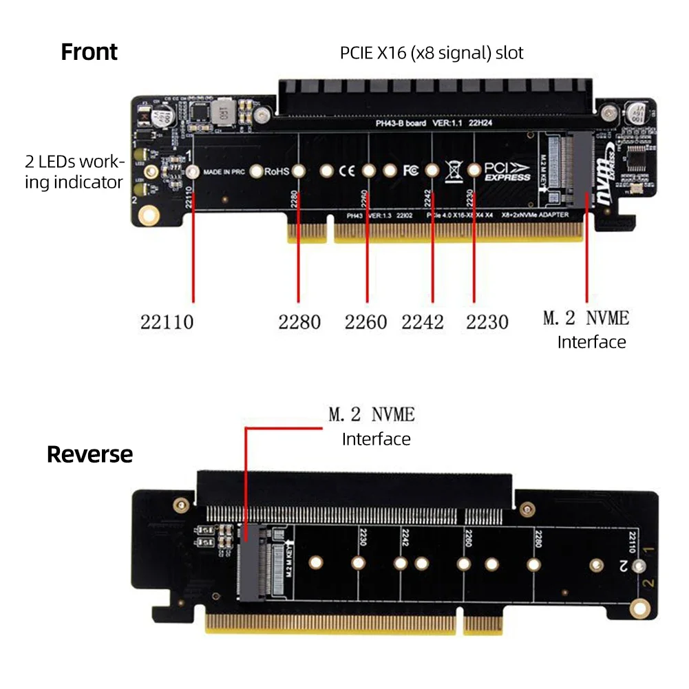 PCIe X16 To X8+X4+X4 Splitter Card Adaptor M.2 NVMEx2 Input Ports Adapter Card Expansion Card Support 2280/2260/2242/2230 SSD