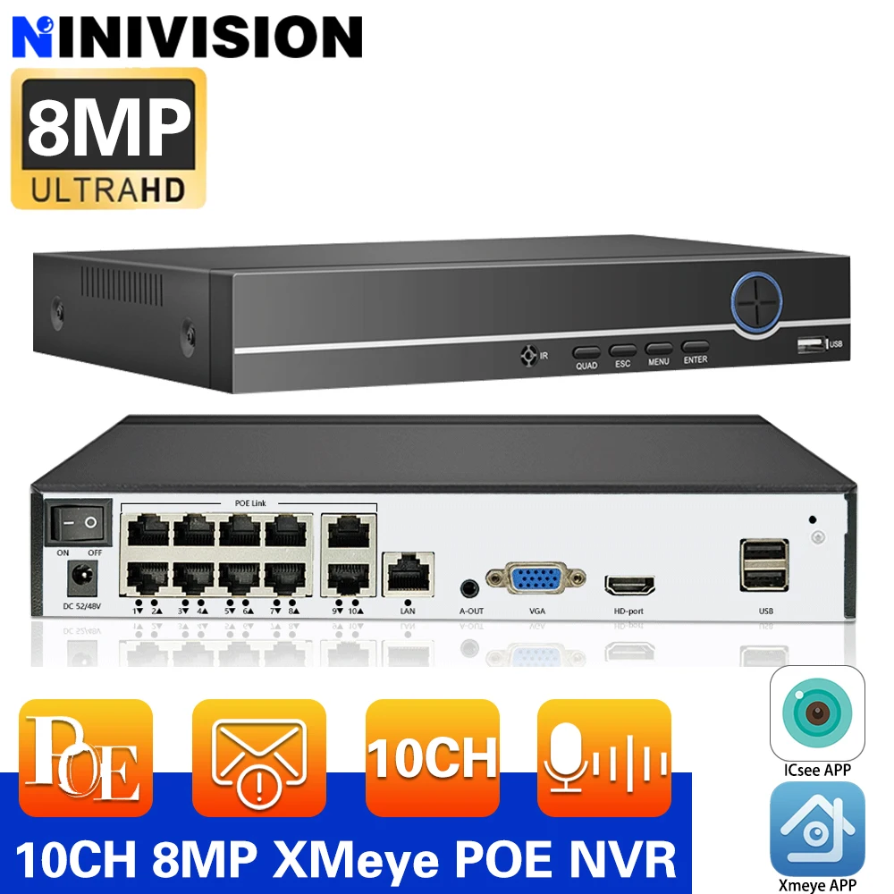Face Detection Xmeye APP H.265 8/10CH PoE NVR 5MP/4MP/2MP Security IP Camera Video Surveillance CCTV System P2P Network Recorder
