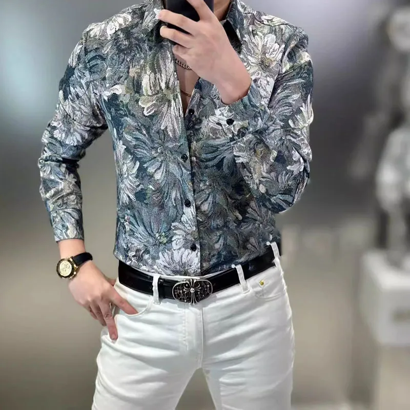 Camisa estampada de moda para hombre, camisa de manga larga con cuello vuelto, ropa Vintage de un solo pecho, primavera y otoño