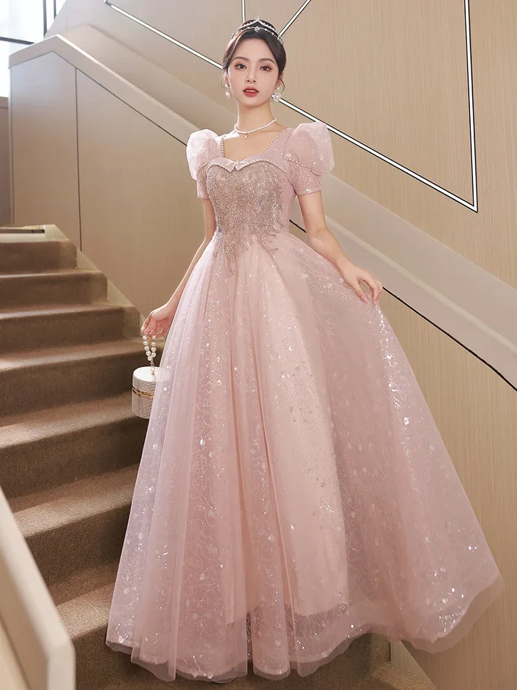 Sweet Memory Pink Evening Dress Appliques Floor-Length Pearl Beading Prom Party Gown Princess Bubble Sleeve Vestidos