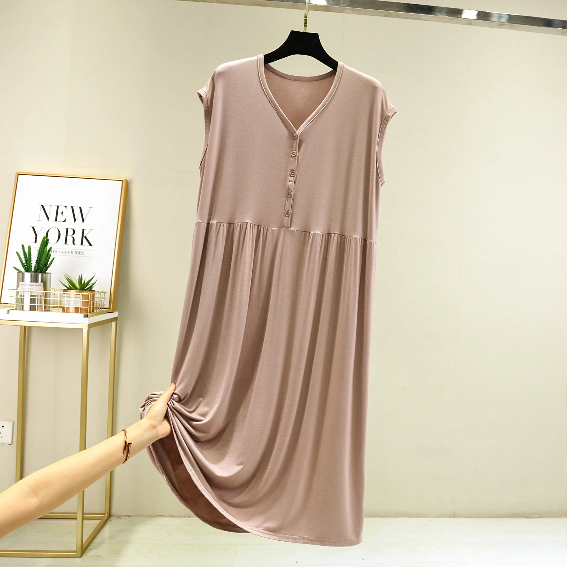 Summer Modal V-Neck Sleeveless Dress Loose Bottoming dresses Casual homewear Buttons sleepdress