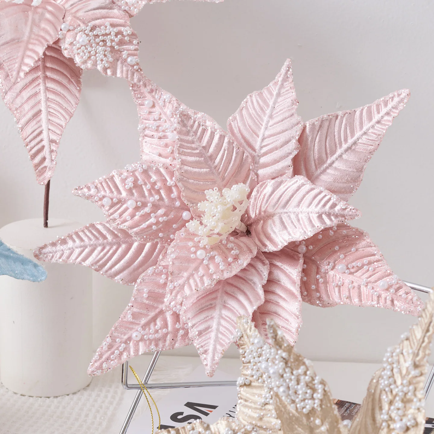 

2Pcs Hot Sale Pink White High Grade Pearl Simulation Christmas Flower Christmas Tree Decoration Accessories Christmas Decoration