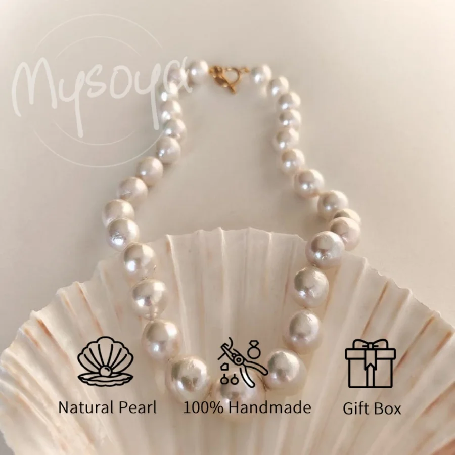 

MYSOYA Large White Edison Baroque Freshwater Pearl Necklace 10-12mm with Gift Box, for Her/ Him, Suitable for Birthday/ Wedding