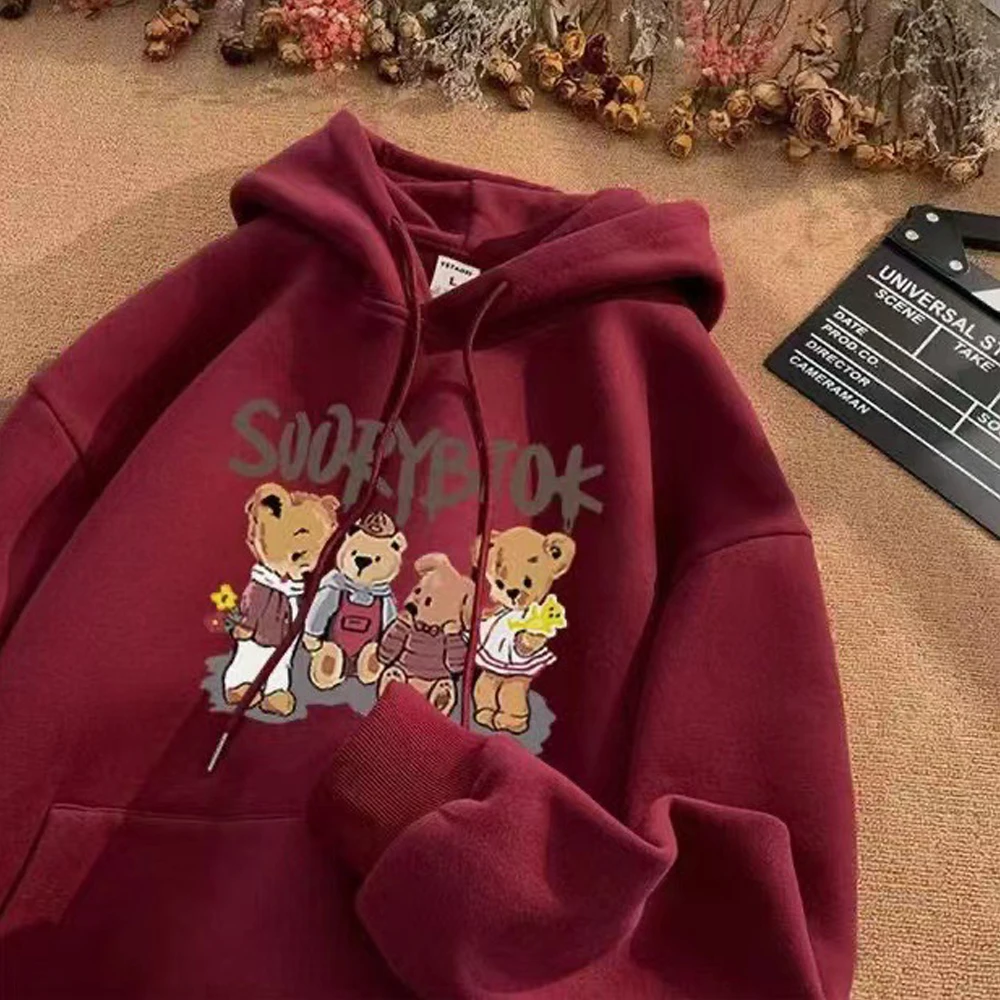 

Autumn Winter Burgundy fit Fleece-lined Hooded Sweatshirt Women's 2024 Hot Style American Retro oversize Lazy Style Jacket