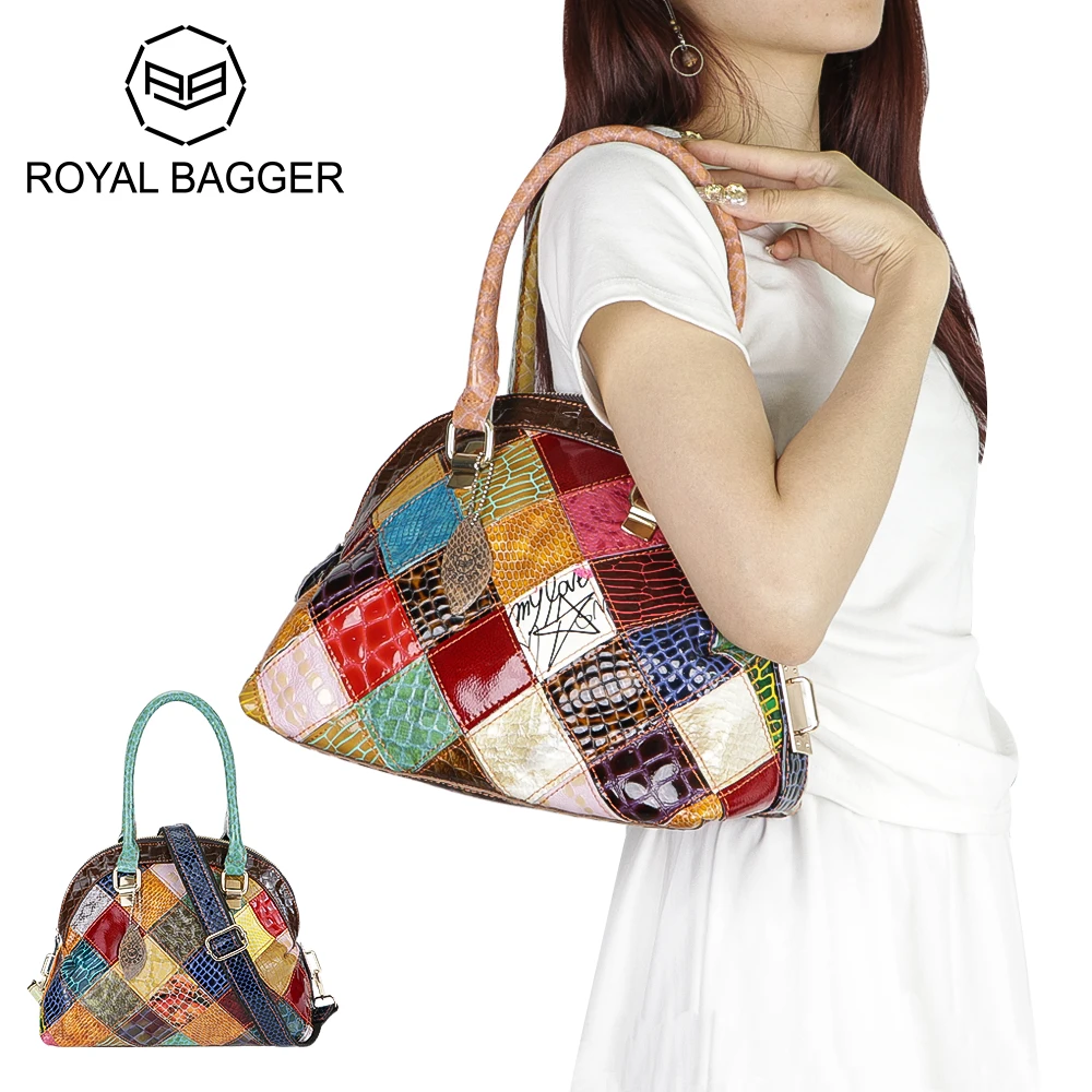 Royal Bagger Patchwork Top-Handle Bags, Genuine Leather Shoulder Crossbody Bag, Colorful Stitching Plaid Handbag for Women 1770