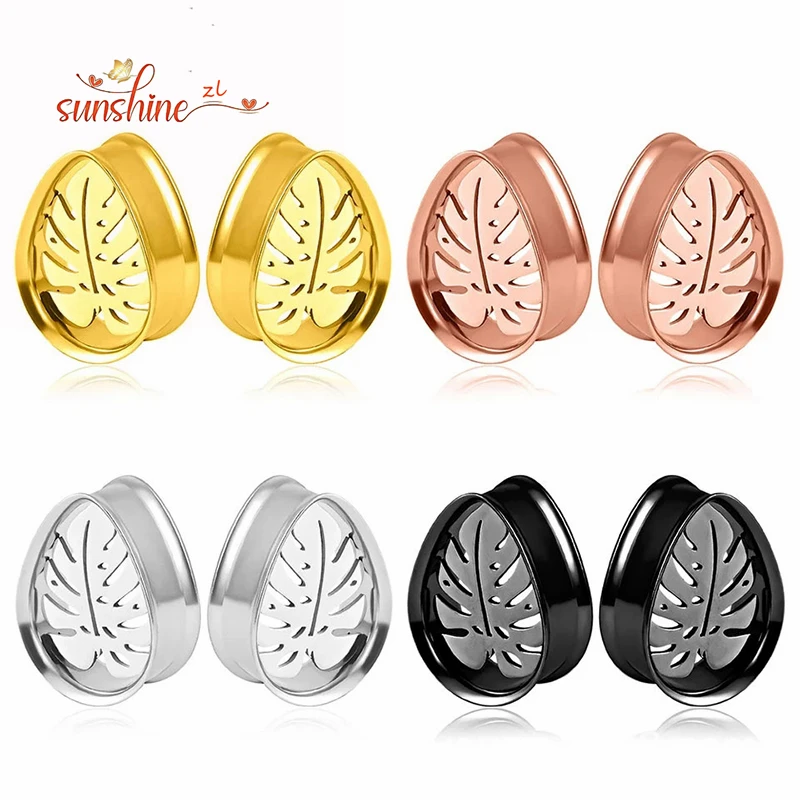 2pcs Stainless Steel Leaf Teardrop Water Drop Flared Ear Flesh Tunnel Plugs Expander Stretcher Gauges Body Piercing Jewelry