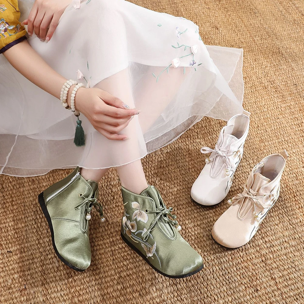 Veowalk Women Satin Cotton Fabric Lace Up Short Ankle Flat Boots Soft Comfortable Embroidered Shoes Green Beige White Booties