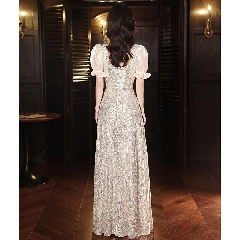 Customized V-neck Elegant Puff Sleeve Design Prom Dresses Sequined Temperament Slim Evening Dress Banquet Cocktail Robe Women