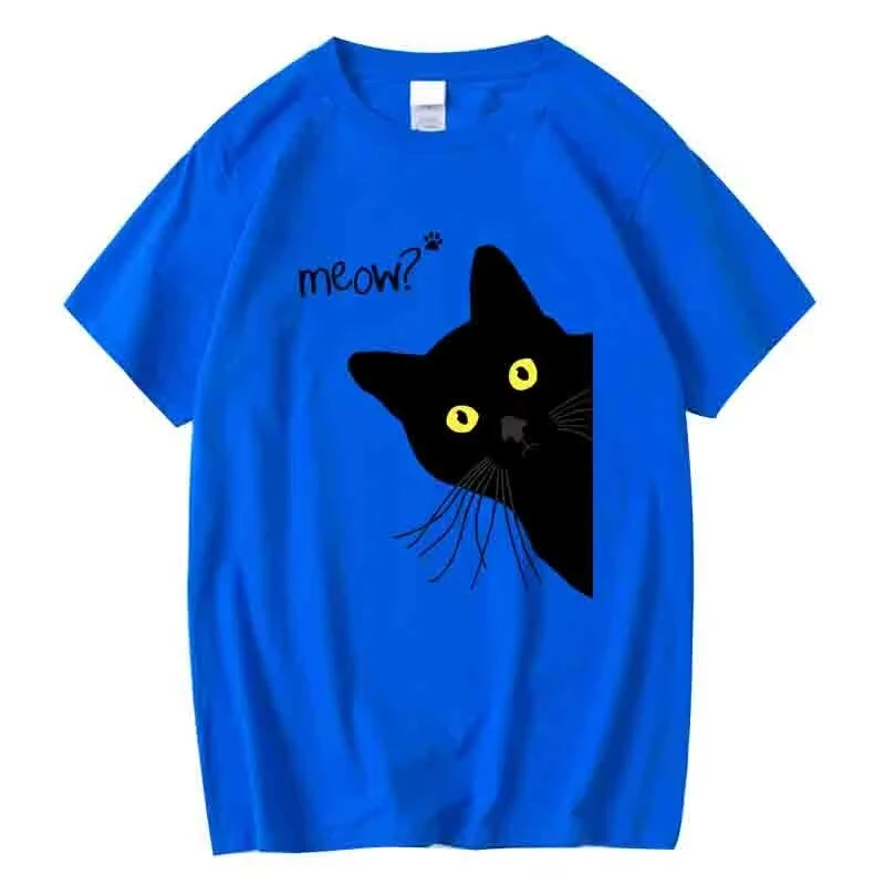 Niedliches T-Shirt mit spähender schwarzer Katze und Miau-Motiv für Männer und Frauen, lustiger Tierdruck, lässiger Kurzarm, Rundhalsausschnitt, modisches Streetwear-Tee – Detail 2