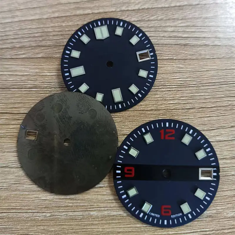 Watch Parts 29mm 6105 Black Aseptic Dial Green Luminous Single Date Window Abalone Diver Watch Dial For Seiko 007 NH35A Movement