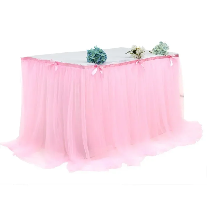 Lace Wedding Table Skirt Solid Color Birthday Party Banquet Desk Skirting Celebration Baby SHower Party Decor Mesh Gauze