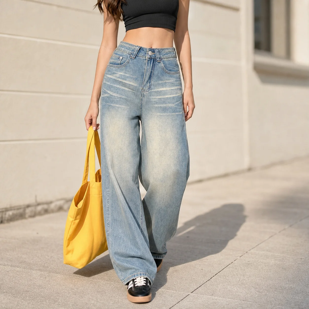 Women's Y2K Baggy High Waist Straight Leg Distressed Washed Full Length Medium Weight Cotton Casual Jeans Faded Blue Oversized