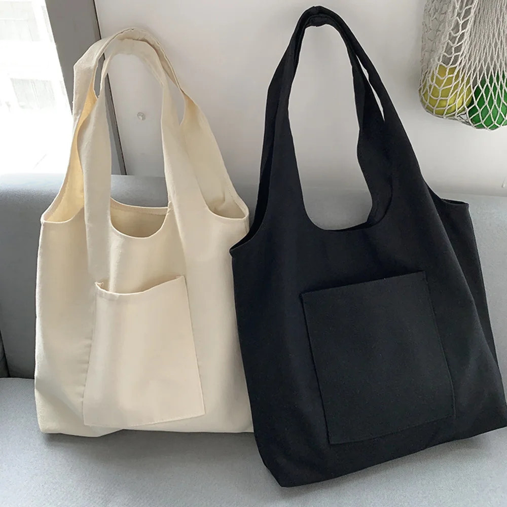 Women Canvas Shoulder Bag Pure Color Series Beige Foldable Handbag Reusable Commuter Simple Large Capacity Fashion Tote Bag