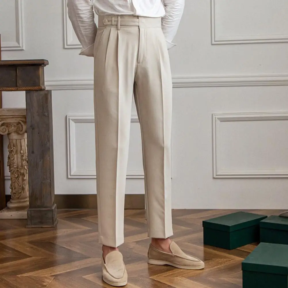 British Style Casual Pants Solid Color Suit Trousers Formal Business Style Men's Suit Pants Wide Leg Mid-high Waist Deep Pockets