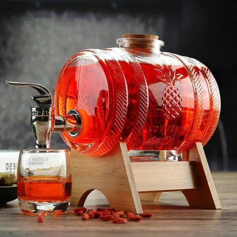 1L Glass Whiskey Barrel Wine Barrel Beer Bottle Fruit Aging Alcohol Honey Storage Container With Base Faucet Barware view 4