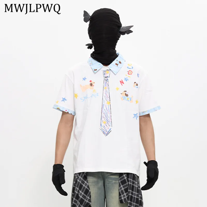 

MWJLPWQ Graffiti Print Laple Male T-shirt High Street Short Sleeve Couple Summer College Style Fake Two-piece Casual Tops 11126