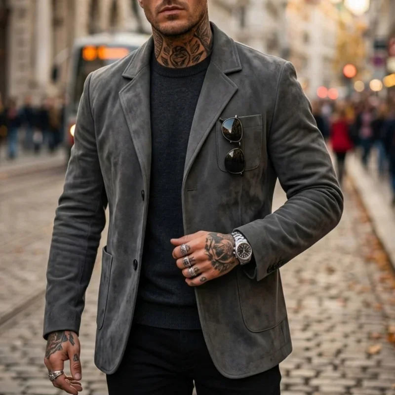 Neue Herbst/Winter Herren Leichte Wildlederjacke Business Casual Streetwear Pendler-Mantel Einfarbige Büro-zu-Straßen-Oberbekleidung für Männer – Detail 6