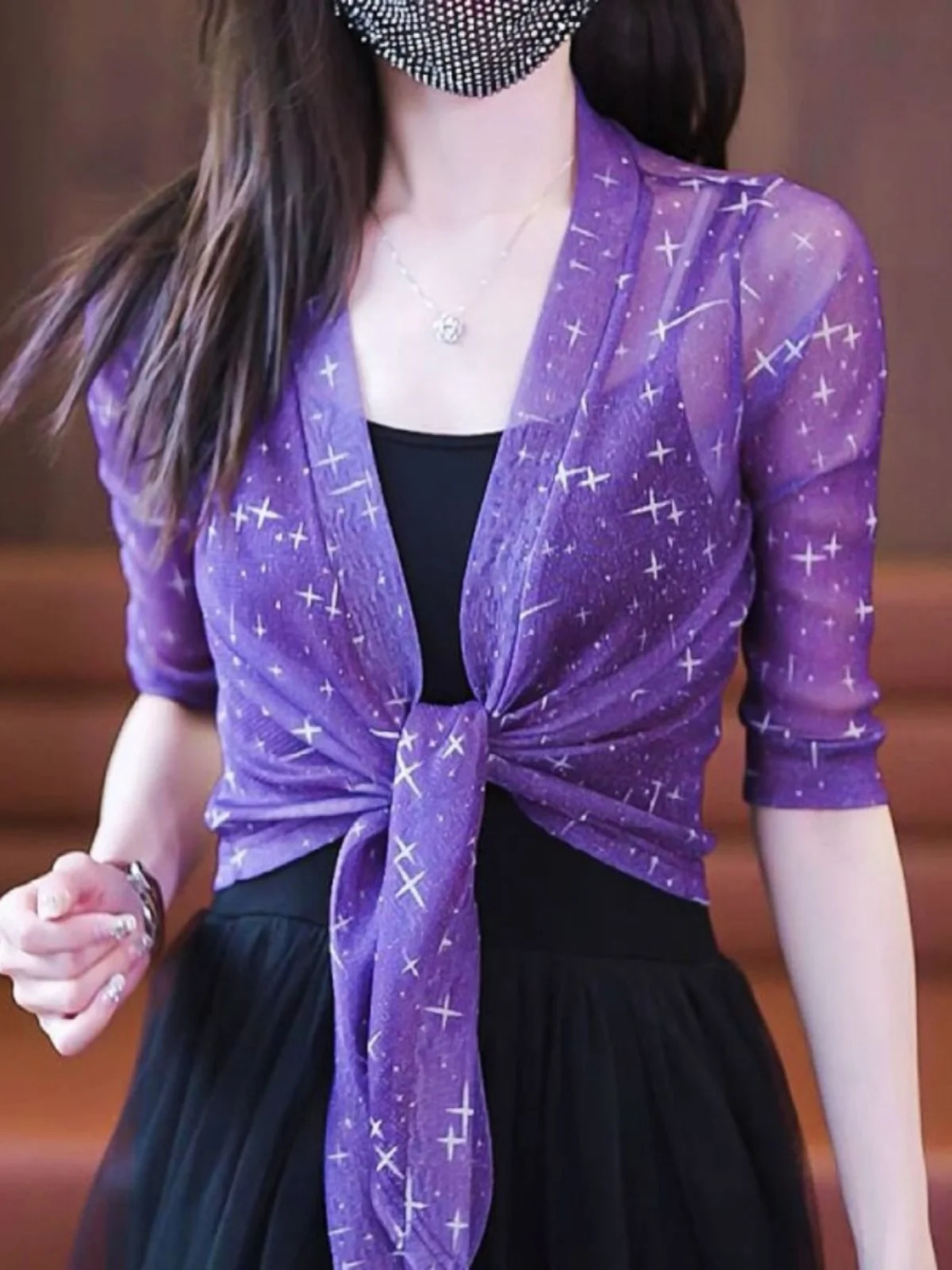 

Purple awl Star Print Summer Outerwear Me Sun Protection ort Sve Women's Faionable Cardigan Sle Floral Lace Top