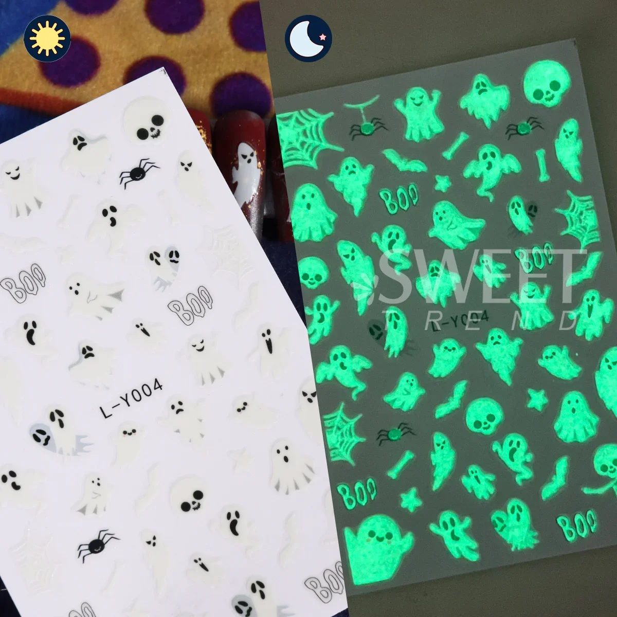 2pcs Glow In The Dark Ghost Nail Stickers Luminous Cartoon Halloween Pumpkin Spider Web Castle Decals DIY Winter Manicure Decor