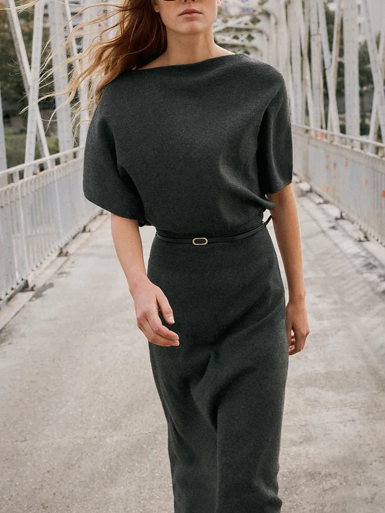 Hiver 2025 nouveau femmes tricoté Midi Dr avec ceinture une épaule Sle ethnique Costume scène Performance Faionable robe