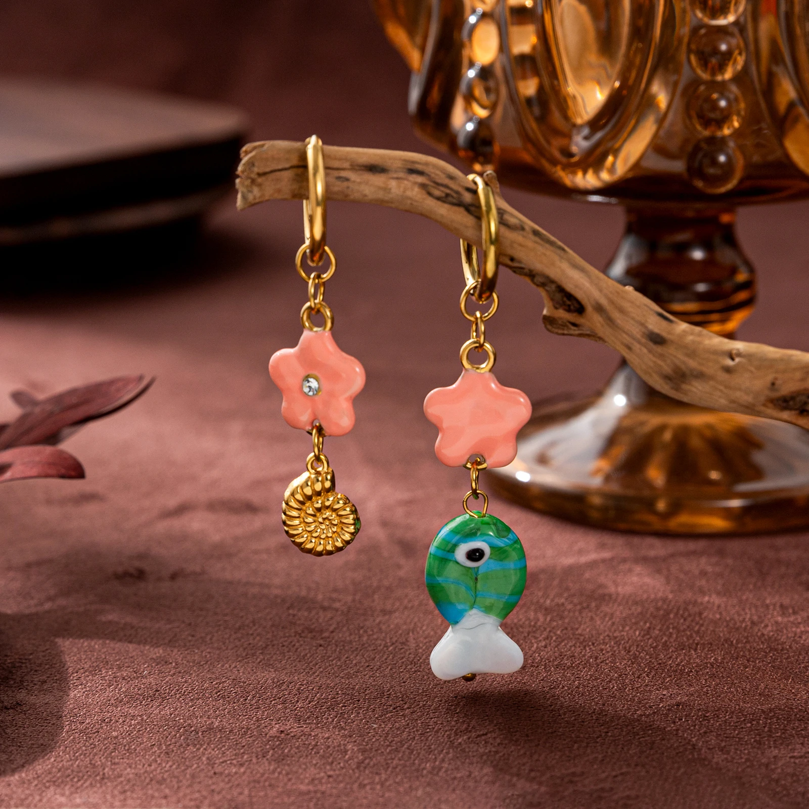 

Asymmetric Flower Fish Ladies 18K Gold Plated Stainless Steel Bohemian Pendant Earrings Colorful Ocean Style Jewelry Gift