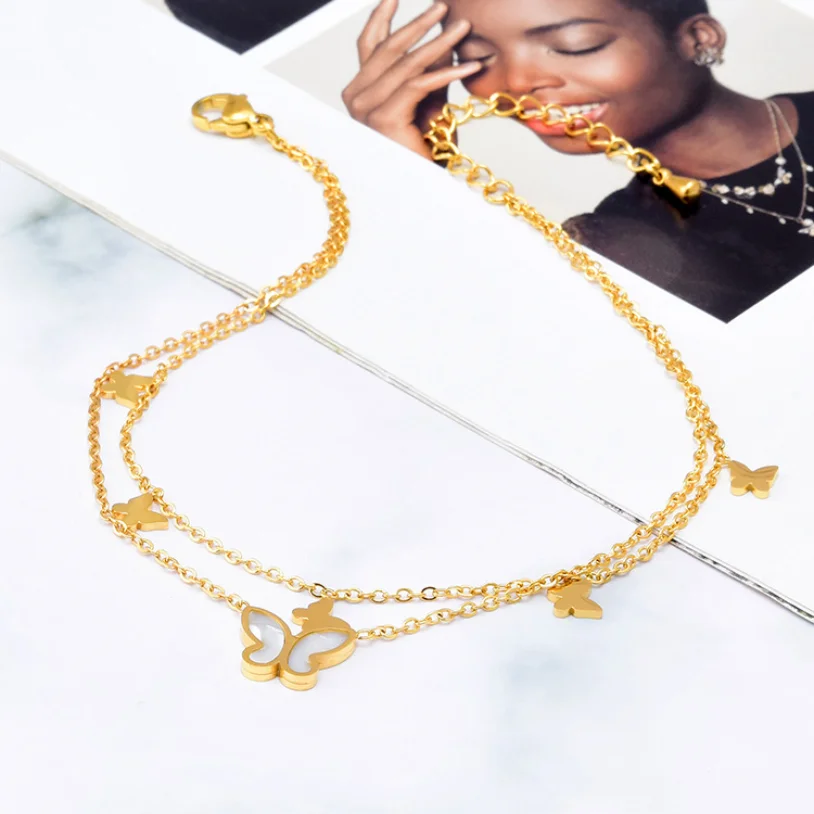 316L Stainless Steel New Fashion High-end Jewelry 2 Layer Embed Natural Shells Welding Butterfly Charm Chain Anklet For Women