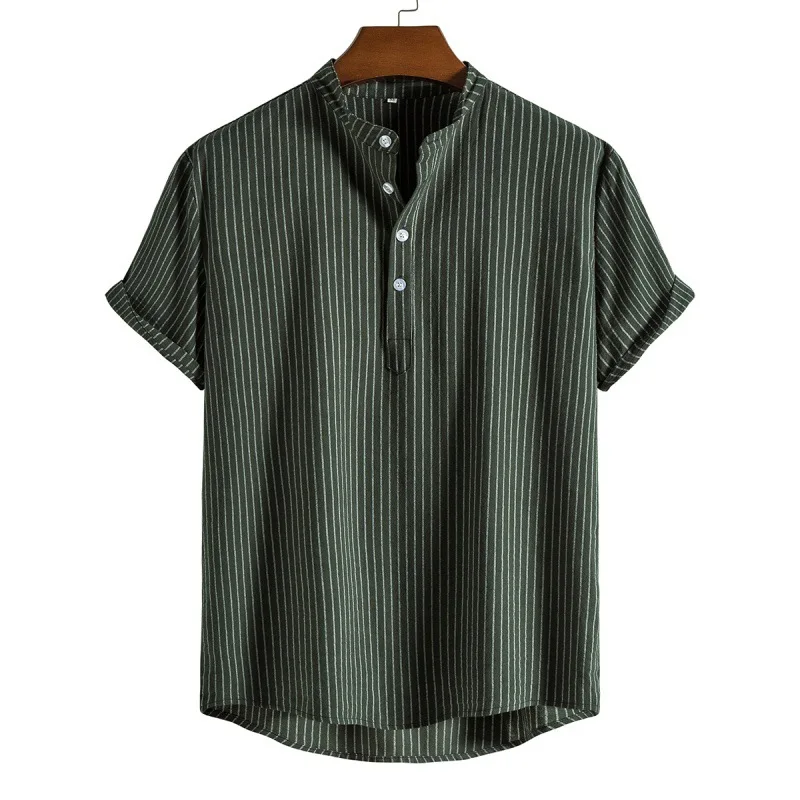 2025 New Men's Stand-up Collar Striped Short-sleeved Shirt Loose Shirt