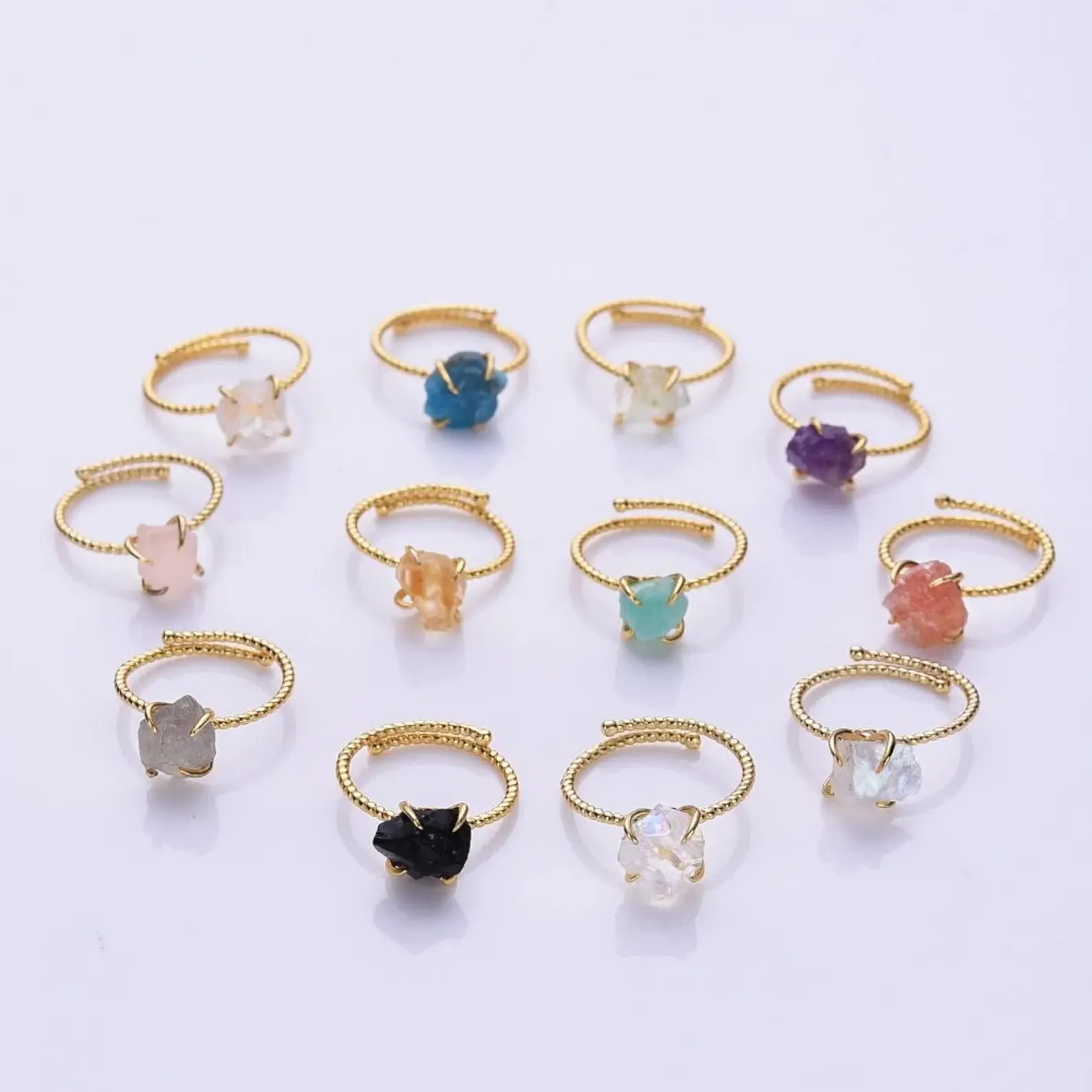 

925 Sterling Silver Natural Crystal Ring Gold Plated Solid Aquamarine Healing Crystal Jewelry Genuine Raw Birthstone Rings