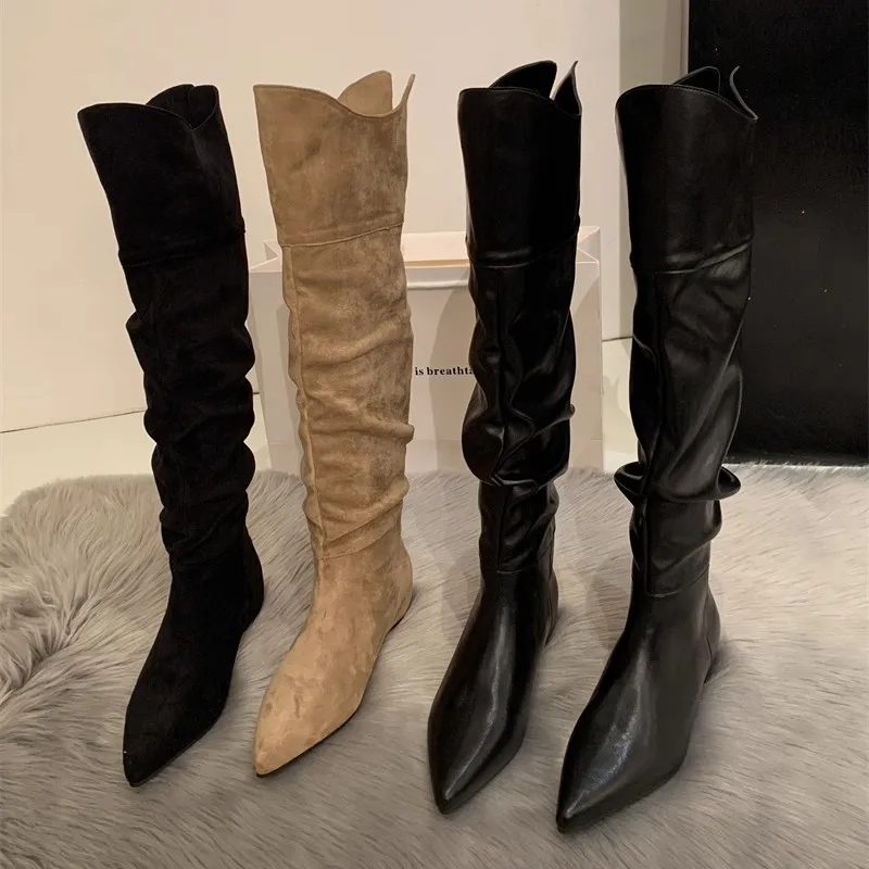 

Замшевые сапоги до колена с острым носком для женщин, осень/зима 2026, новый модный стиль, популярные сапоги выше колена на высокой платформе