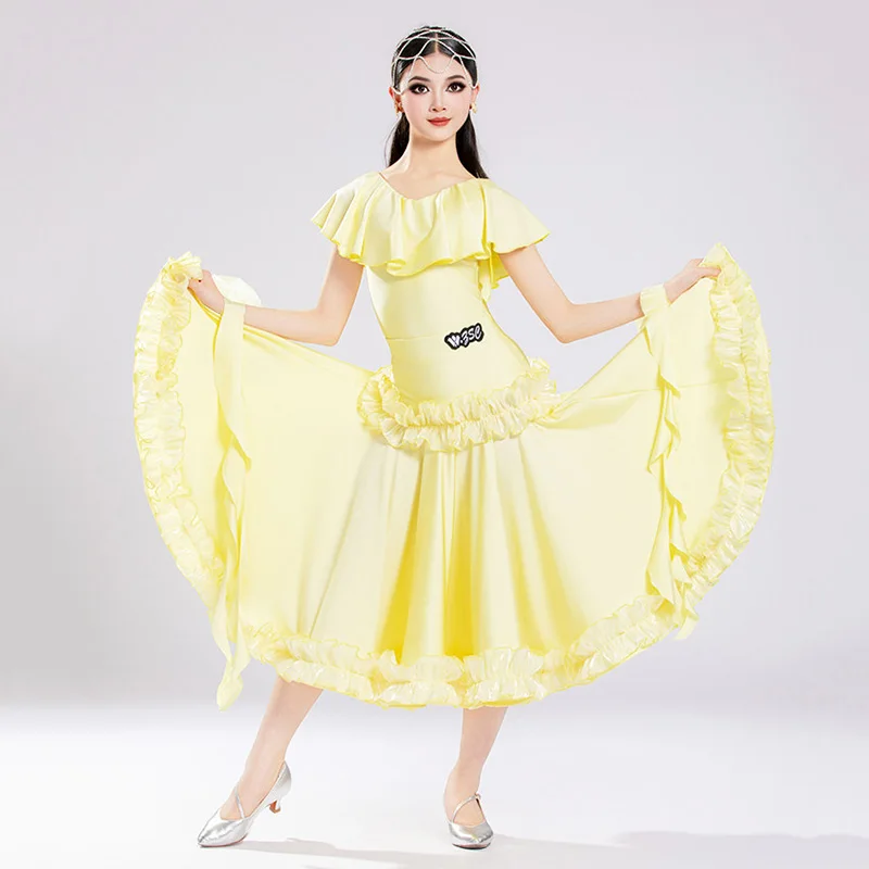 Kids Girls Off Shoulder Modern Dance Large Skirts Children's Professional Ballroom Social Dancewear Stage Performance Costume